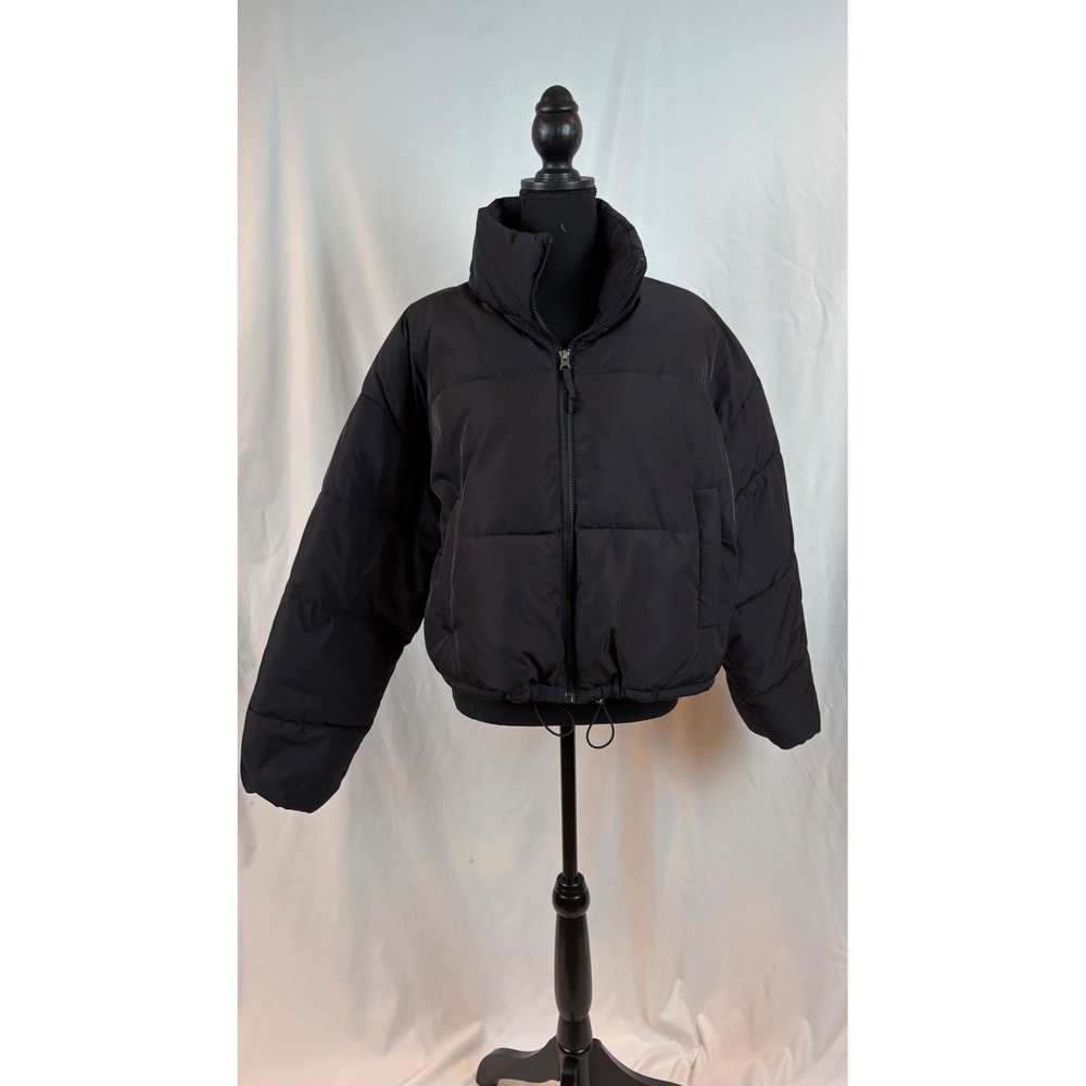 HM Divided Black Puffer Jacket Cropped Boxy Zip Up Stand Collar‎ Large NEW